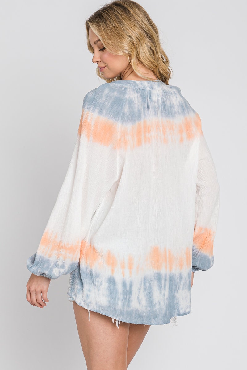 Tie Dye Double Gauze Blouse: Lightweight Cotton V-Neck Top - Made in USA