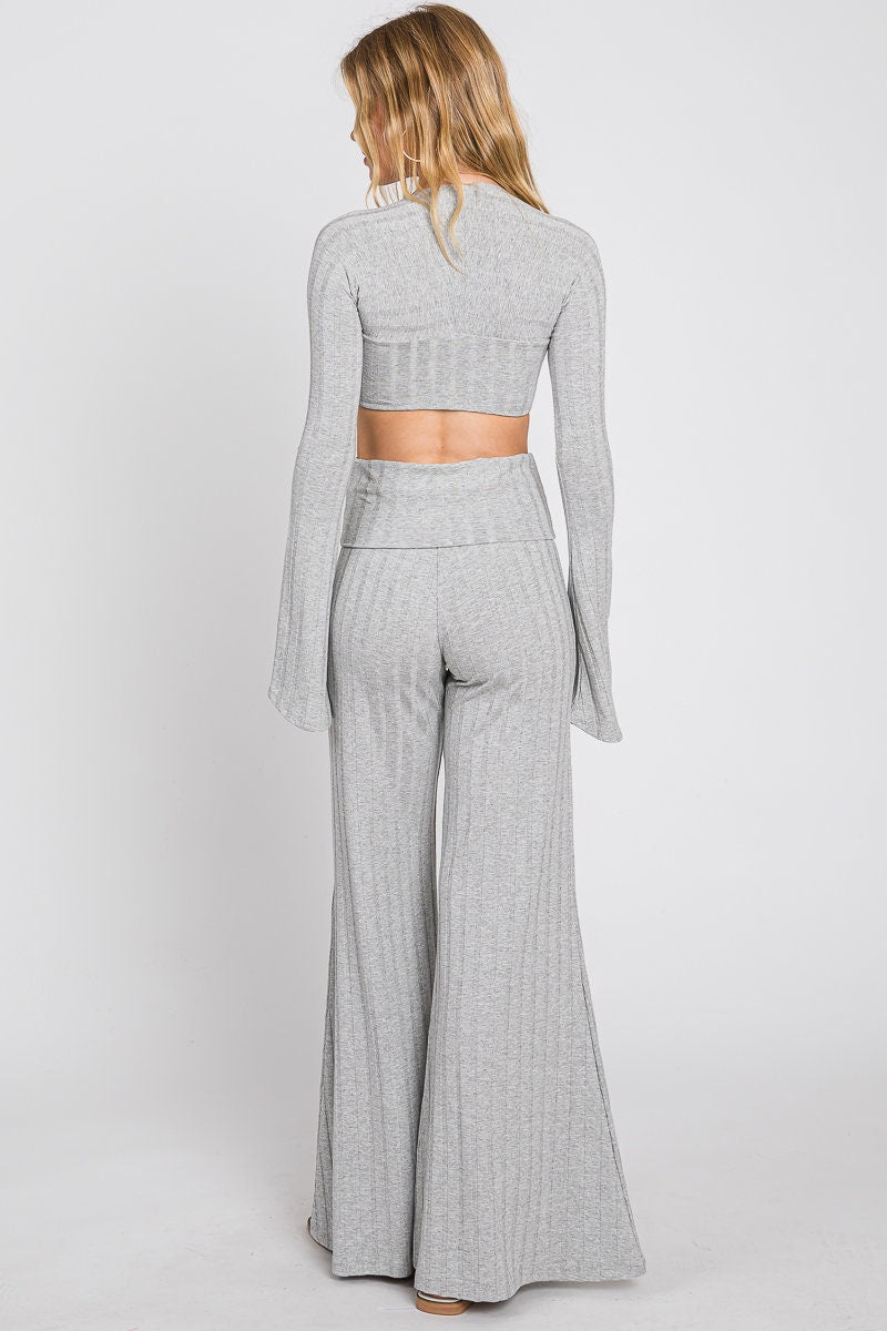 Ribbed Crop Top & Flared Pants Set - Women's Yoga Outfit - Made in USA