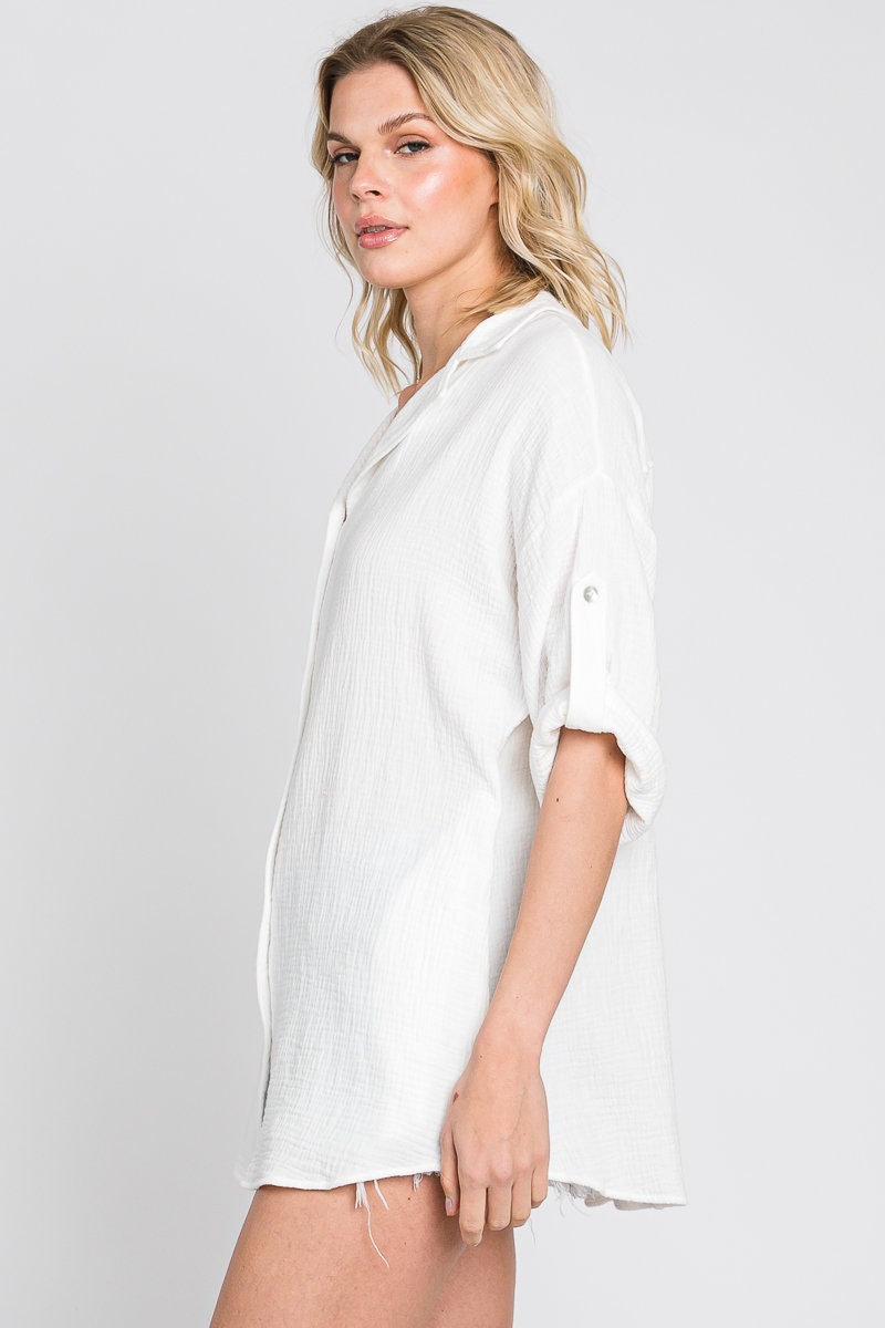 Oversized Cotton Button-Down Shirt: Women's Vintage Style Top - Made in USA