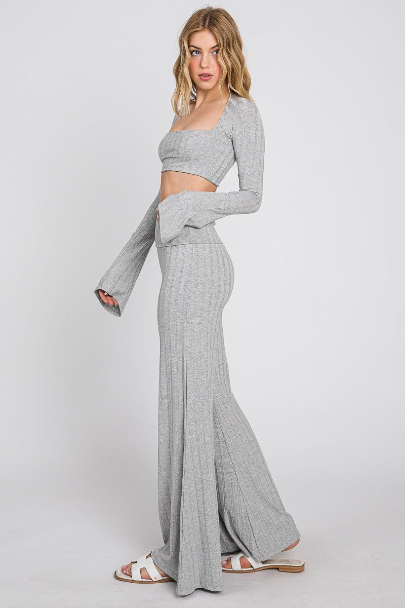 Ribbed Crop Top & Flared Pants Set - Women's Yoga Outfit - Made in USA