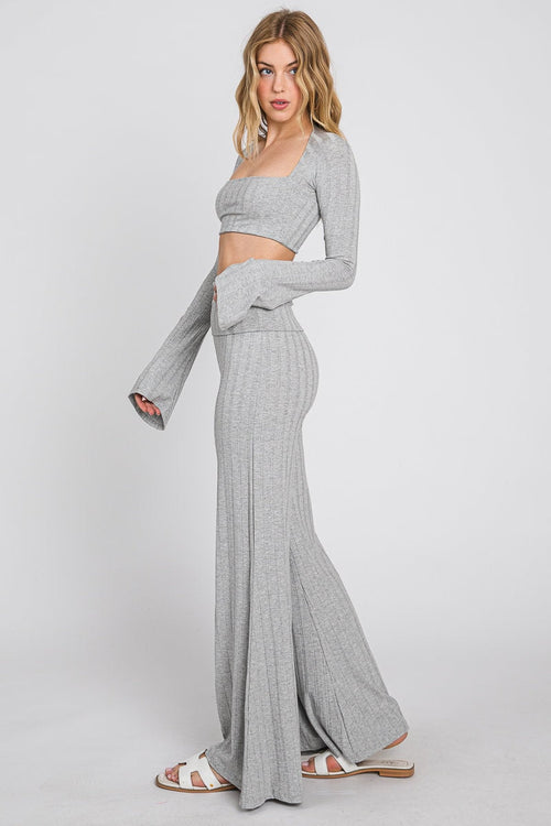 Ribbed Crop Top & Flared Pants Set - Women's Yoga Outfit - Made in USA
