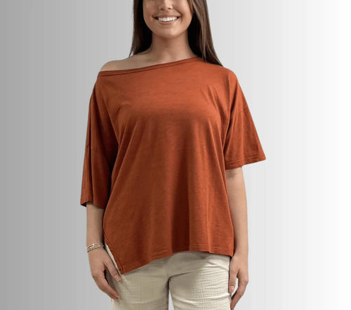 Cotton Slub Top: Off Shoulder Back Flare Tee - Made in USA