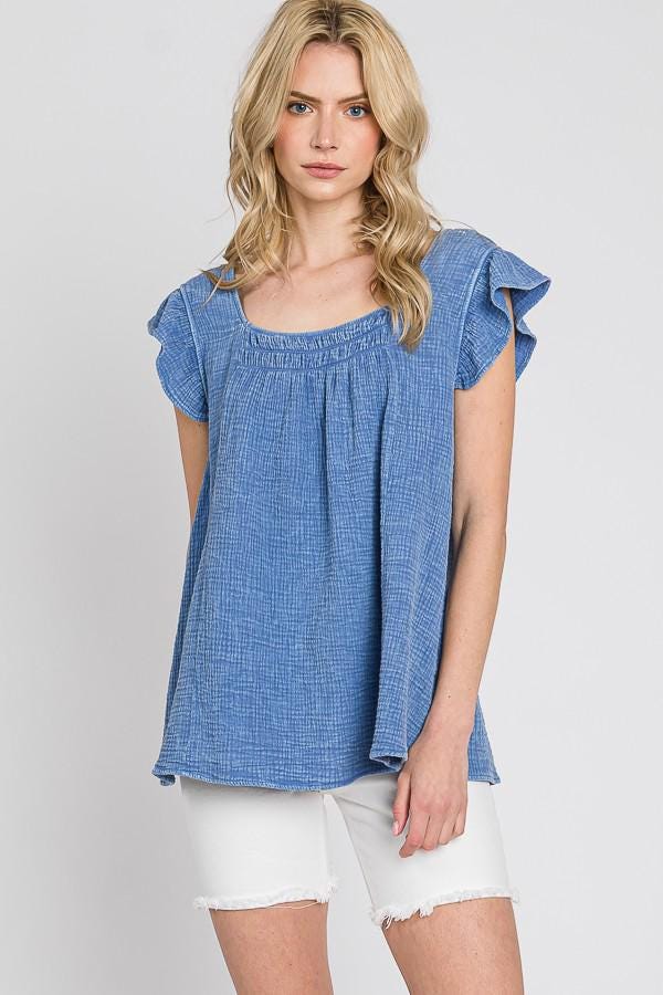 Ruffle Sleeve Cotton Gauze Top: Made in USA, Loose Fit Summer Shirt